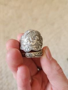 Ring is about a 7.5 right now but can be sized up or down. It's rather large which is why I'm selling  it. It's bigger than I like for my rings. Made from an antique Victorian Era spoon. I'm not sure if it's sterling silver or not and so my lack of knowledge there is reflected in the price.😆. Vintage Silver Ring With Antique Finish, Unique Silver Rings With Antique Finish, Collectible Antique Finish Silver Rings, Spoon Ring, Spoon Rings, Ring Antique, Antique Rings, Antique Victorian, Victorian Era