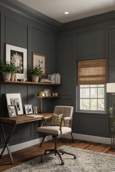 home interior design, interior design space planning, kitchen designs, living room interior Vintage Office Paint Colors, Home Office Brown Walls, Mens Home Office Paint Colors, Office Color Palette Work Spaces, Black And Tan Office, Small Home Office For Men, Masculine Office Space, Green Home Office Ideas