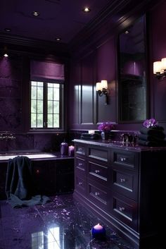 a bathroom with marble floors and purple lighting on the walls, along with a large bathtub