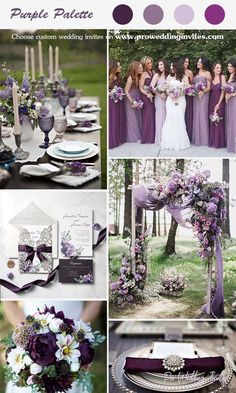 purple and white wedding color palettes for the bride's gown, flowers, and other accessories