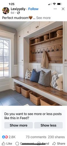 an instagramted photo of a wooden bench in a room with lots of pillows on it