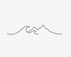 a line drawing of mountains and waves on a white background