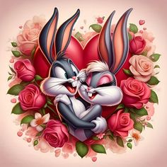 two rabbits hugging each other in front of roses and heart shaped flowers on a pink background