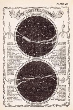 an old poster with two circles and the words constellations on each side, in black ink