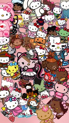 a bunch of hello kitty stickers on a pink background