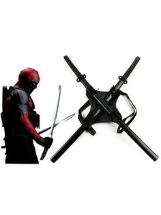 a deadpool figure holding two swords and looking at the camera with his back to the camera