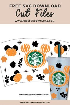 a starbucks cup with an orange and black design on it, next to the free svg file