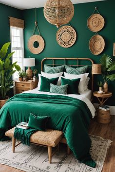 a green bedroom with wicker baskets hanging above the bed and pillows on the wall