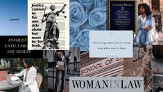 collage of images with women in law and law books on them, including an image of the statue of lady justice