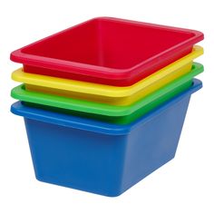 three different colored plastic containers stacked on top of each other in the same square shape