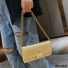 Olivia Mark - Yellow Solid Chain Bag - Casual, Contemporary Style Trendy Gold Chain Shoulder Bag, Trendy Gold Clutch With Chain, Trendy Gold Shoulder Bag With Chain Strap, Trendy Gold Shoulder Bag With Gold Chain, Gold Chain Link Shoulder Bag, Trendy Gold Bags With Chain Strap, Trendy Gold Bag With Chain Strap, Chic Gold Shoulder Bag With Chain, Gold Chain Link Shoulder Bag For Party