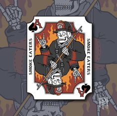 a playing card with two skeletons on it and the words sons of spades above them