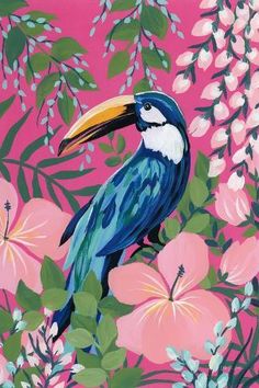 a painting of a toucan sitting on a branch surrounded by flowers