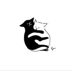 black and white drawing of two cats hugging each other