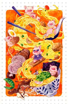 an illustration of noodles, meats and vegetables with chopsticks in the middle