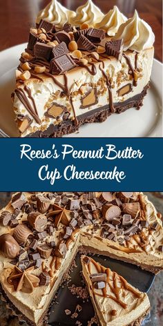 reese's peanut butter, chip cheesecake pie is on the table and ready to be eaten