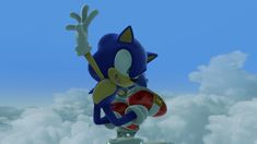 the sonic character is flying high in the sky