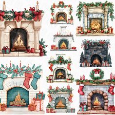 watercolor christmas fireplaces with stockings and stockings