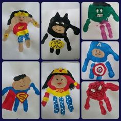 handprints made to look like children's superheros are shown in multiple pictures