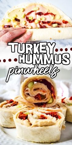 turkey hummus pinwheels on a white plate with text overlay that reads turkey hummus pinwheels