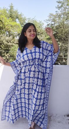 "All dresses are custommade- ONLY FOR YOU! ALL DRESSES MADE TO MEASURE -ONLY FOR YOU! BEAUTIFUL BOTH SIDE FLORAL BORDERS AND BLUE-WHITE INDIAN MOTIFS- HANDBLOCK DRESS . RARE, GENUINE AND UNIQUE PIECE FOR SURE!! The beauty of this kaftan is - -This lovely tie-dyed Indian kaftan is perfect for the poolside, beach or cruise holiday , anniversary gifts or as lounge wear. Measurements are: I make caftans in three sizes- - Knee length- 36\" -Mid Calf length-45\" - Ankle Length -51\" This is for height Indigo Kimono, Caftan Moroccan, Maxi Dresses Summer, Hospital Gowns, Loose Kimono, Floral Borders, Cotton Caftan, Moroccan Kaftan, Hospital Gown