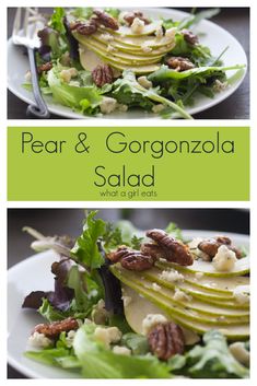 pear and gorgonzola salad with walnuts on top is shown in two separate images