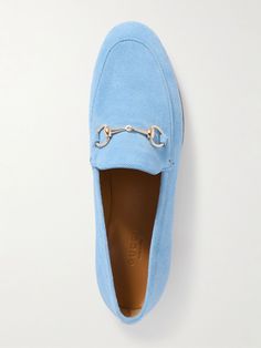 GUCCI Jordaan horsebit-detailed suede loafers | NET-A-PORTER Slip-on Loafers With Horsebit Detail For Galas, Gucci Calf Leather Loafers With Horsebit Detail, Gucci Loafers With Horsebit Detail For Galas, Gucci Blue Formal Loafers, Gucci Shoes Women, Loafers Gucci, Gucci Jordaan, Eyewear Shop, Raffia Bag