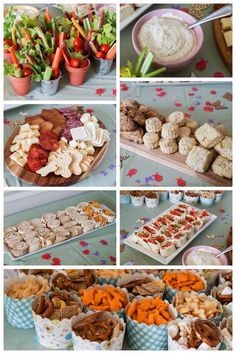 a collage of pictures showing different types of food on plates and in bowls,