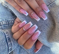 French With Gems, Nails Tips White, Nail White French, Nail White, Pink Gel Nails, Nagel Tips, Nails Tips