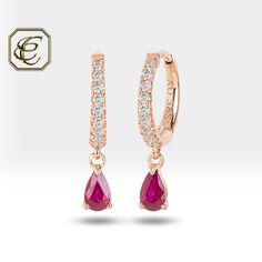 "Ruby Hoop Earrings / 14K Gold Diamond Earrings / 0.55 CT Natural Ruby and Diamonds  / Birthday Gift for Her / Fine Jewelry By Chelebi Tiny Pear Ruby Huggies is set with a natural ruby and diamonds. It is 14K solid rose gold. The earring's carat information is for a pair of earrings.                           DETAILS  ✶ Gold Kt: 14K Solid Gold ✶ Gold Color: Yellow, Rose, White Gold  ✶ The inner diameter of the Earrings is 9 mm  ✶ The outer diameter of the Earrings is 12 mm  ✶ Diamond: Natural Di Red Tone, Viva Magenta, Red Gemstones, Gold Diamond Earrings, Ruby Jewelry, Emerald Jewelry, Birthday Gift For Her, Sapphire Jewelry, Natural Ruby