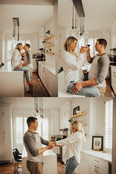 a man and woman standing in a kitchen next to each other, holding cups with their hands