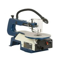 a machine that is sitting on top of a white surface with a blue handle and black head