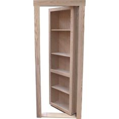 an open wooden bookcase with shelves on each side and one door opened to reveal another shelf