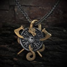 Jormungandr & Helm of awe Pendant necklace – Epic Loot Shop Bronze Viking Jewelry For Ceremonial Occasions, Gold Viking Style Jewelry, Viking Style Engraved Metal Necklaces, Symbolic Ceremonial Necklace With Locket, Symbolic Ceremonial Locket Necklace, Gold Viking Style Necklace For Gift, Engraved Viking Style Necklace, Symbolic Locket Necklace For Ceremonial Use, Bronze Viking Jewelry Collectible