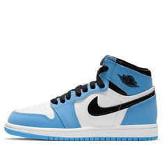 The Air Jordan 1 Retro High OG PS 'University Blue' is a must-have sneaker for any little Jordan fan. This classic sneaker features the iconic colorway of the University of North Carolina, with a white base, powder blue overlays, and navy accents. The high-top design and durable rubber cupsole make this sneaker perfect for any active kid, while the Nike Air branding adds a touch of Jordan greatness. Your little one will love hitting the playground or the court in this stylish and comfortable sneaker. (AJ1/SNKR/Non-Slip/High Top/Basketball) Blue Breathable High-top Sneakers For Running, Blue High-top Breathable Jordan Shoes, Blue Breathable High-top Jordan Shoes, Blue High-top Sneakers For Running With Round Toe, Blue Casual Jordan Shoes With Breathable Design, Casual Blue Jordan Shoes With Breathable Design, Sporty Light Blue Basketball Shoes For Streetwear, Light Blue Sporty Basketball Shoes For Streetwear, Light Blue Breathable Sneakers For Streetwear