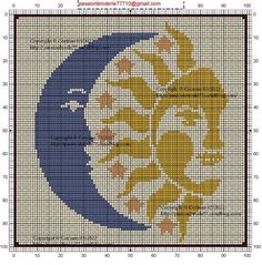 a cross stitch pattern with the moon and flowers on it, in blue and yellow