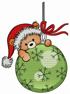 a christmas ornament with a teddy bear hanging from it's side and wearing a santa hat