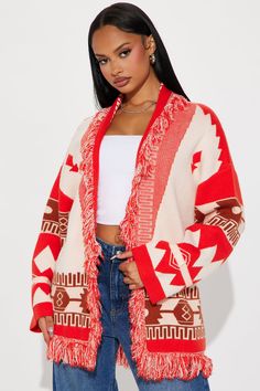 Available In Red/combo. Cardigan Sweater Patterned Long Sleeve Fold Over Detail Open Front Fringe Trim 50% Viscose 28% Polyester 22% Nylon Imported | Austin Fringe Cardigan in Red size XS by Fashion Nova Cardigan Sweater Pattern, Front Fringe, Fringe Cardigan, Cardigan Sweater Coat, Women Hoodies Sweatshirts, Fringe Trim, Sweater Pattern, Girl Clothes, Sweater Coats