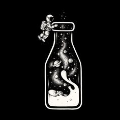 an astronaut floating in a bottle filled with liquid and stars on the side, as if it