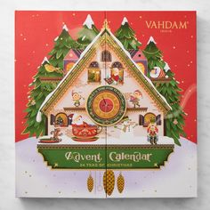 a christmas card with an image of a house in the middle and santa clause on it