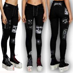 Rare! These Super Cool And Edgy, Bold Fashion Statement Jeans From Doll Kills Current Mood! It's One Of Those Always Trendy Hot Pieces That Are Easy To Throw On And Look Dope! Comes In Black And White. Designed With A Skinny Silhouette, An Adjustable Lace-Up Front Closure, A Raw Hem Waist, 5 Pockets Design, Exposed Zipper Closure On The Front Pocket And Ankles, Silvertone Hardware, White Contrast Stitching, And Amazing Stylish Patches All Over. Made From High-Quality 98% Cotton And 5% Spandex Fo Gothic Black Cotton Jeans, Edgy Fitted White Jeans, Edgy White Fitted Jeans, White Fitted Punk Bottoms, White Fitted Punk Style Bottoms, Fitted Grunge Cotton Bottoms, Fitted Cotton Bottoms In Grunge Style, Fitted High Rise Punk Bottoms, Gothic Stretch Cotton Bottoms