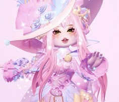 a girl with pink hair wearing a large hat and holding a purse in her hand