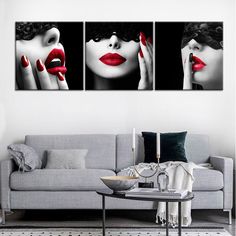 three pictures of women with red lipstick on their lips and one woman's face