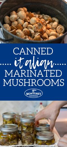 canned italian marinated mushrooms in jars with text overlay