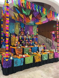 a table with many colorful decorations on it