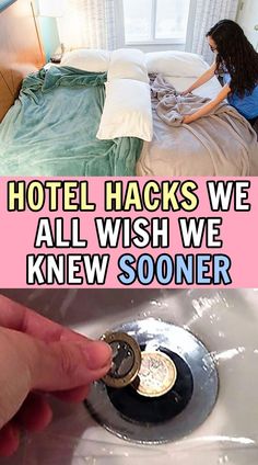 two pictures one has a sink and the other has a woman in bed with her hand on