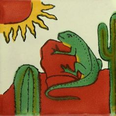 an image of a lizard sitting on a couch in front of a cactus and sun