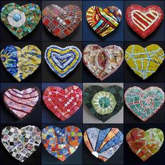 twelve heart shaped mosaics are arranged in rows