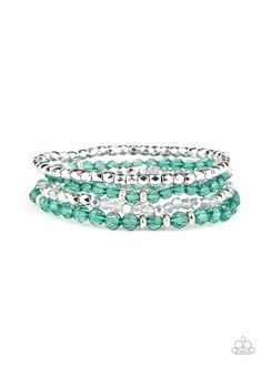 A glittery collection of faceted silver beads and green and metallic flecked crystal-like beads are threaded along stretchy bands around the wrist, creating sparkly layers.

 Sold as one set of three bracelets. Smoky Crystal, Green Bracelet, Orange Crystals, Crystal Accessories, Paparazzi Accessories, Blue Gems, Stretchy Bracelets, Paparazzi Jewelry, Classic Gold