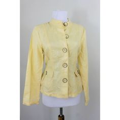 New Tags Women's Chico's Jacket- $89 Easy Sheen Jacket Is Unlined With Button Front Colors: Yellow Content: 55% Linen- 45% Cotton Condition: Perfect- New With Tags Size: Marked Women's Chico's 0 (Us Women's X-Small) Approximate Measure: Length (Top Shoulder To Bottom Hem): 23 Inches- Chest (Armpit To Armpit): 18 Inches- Actual Sleeve (Back Middle Tag, Over Shoulder, And To Cuff End): 31 Inches Item # 33026 Spring Fitted Outerwear With Button Closure, Fitted Outerwear With Stand Collar For Spring, Fitted Spring Outerwear With Button Closure, Fitted Outerwear With Button Closure For Spring, Classic Spring Outerwear With Covered Buttons, Spring Button-up Blazer With Buttons, Classic Spring Blazer With Snap Buttons, Casual Fitted Outerwear With Covered Buttons, Casual Stand Collar Blazer For Spring